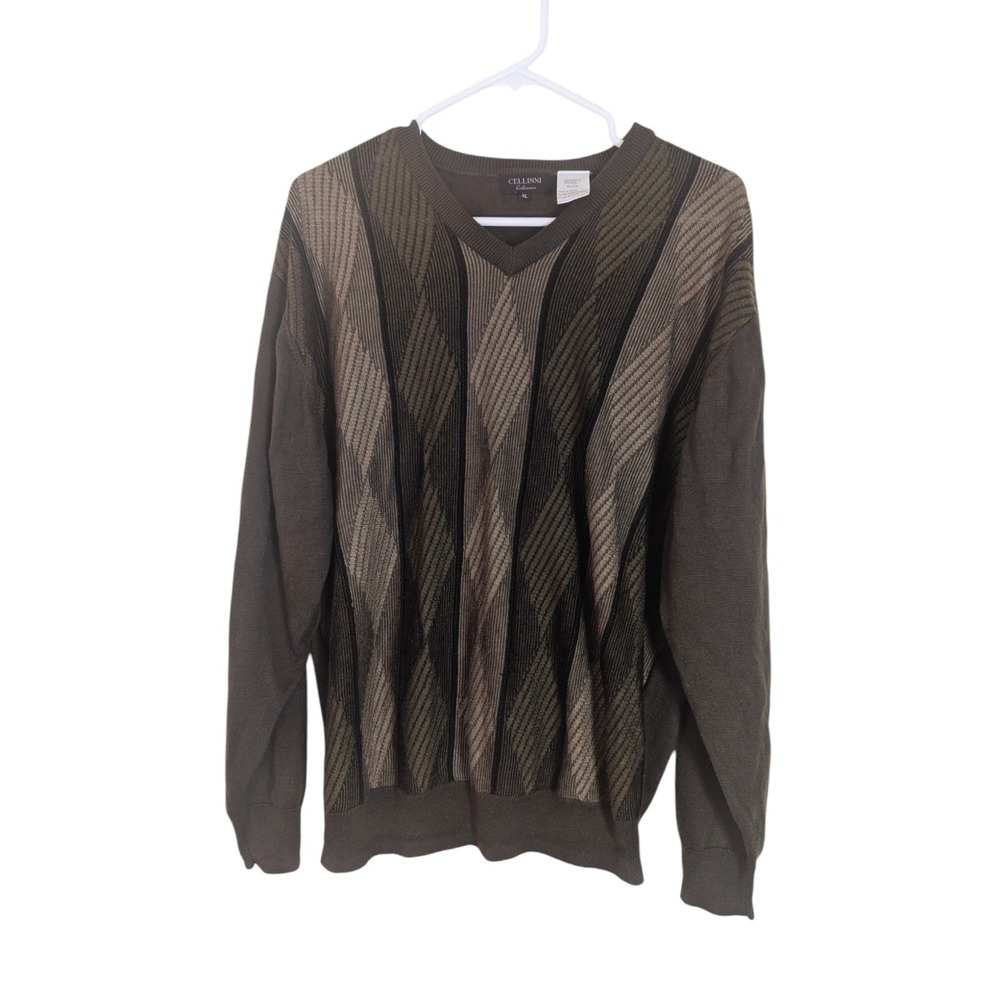 Cellini Collezione Sweater Men's XL Wool Blend Argyle pattern ‎ Green/Tan